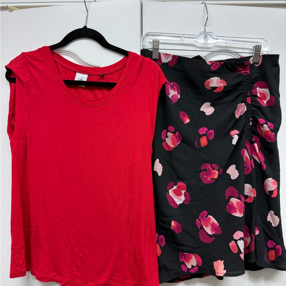 CAbi Asymmetrical Skirt in Black and Pink Floral